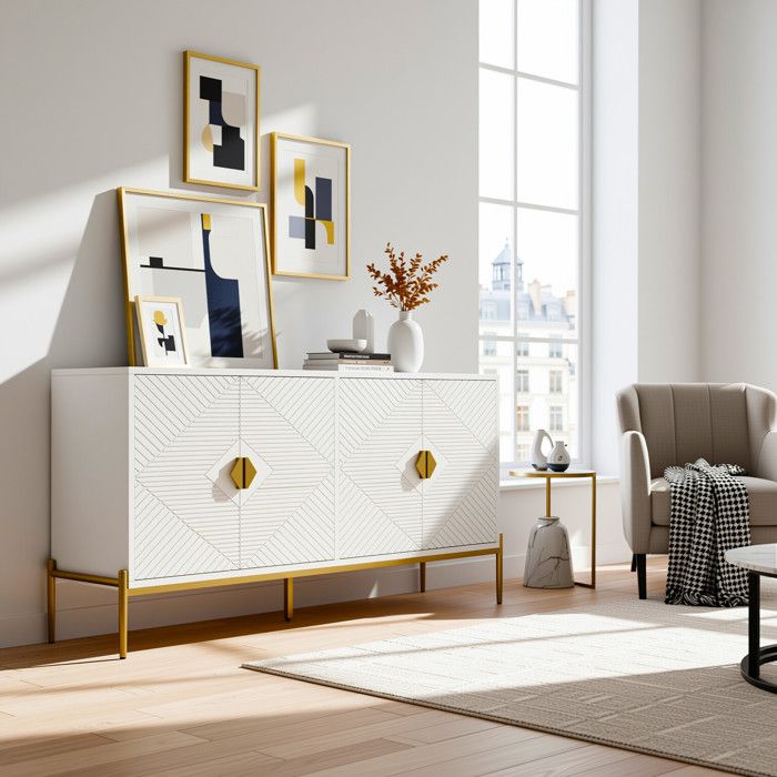 URBAN MEUBLE Buffet moderne blanc à motif géométrique pieds et poignets dorés
