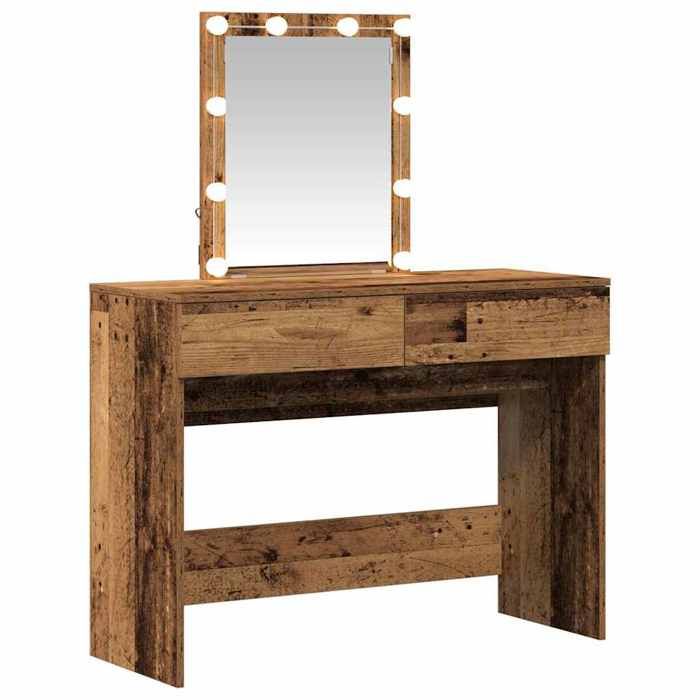 Coiffeuse bois ancien - GKO - 100x40x130 cm - Bois dingénierie - Avec miroir - Éclairage LED - Tiroirs pratiques