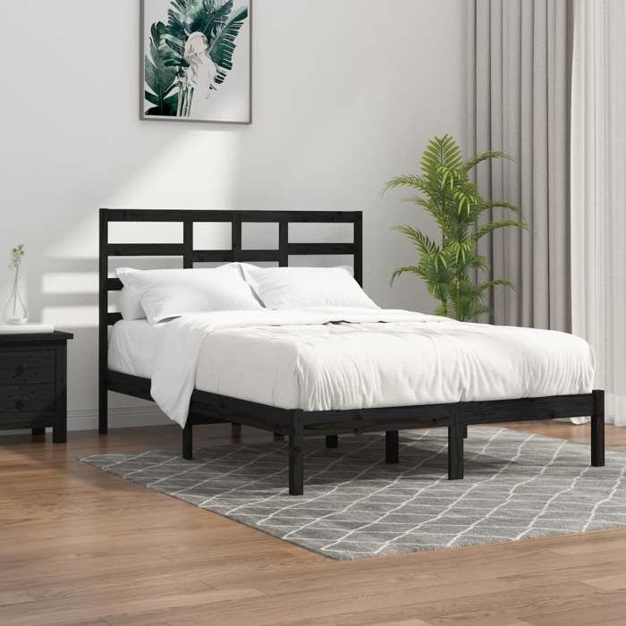 Cadre de lit en bois massif - UU - 140x190 cm - Noir - Bois de pin massif - Contreplaqué - Tête de lit incluse