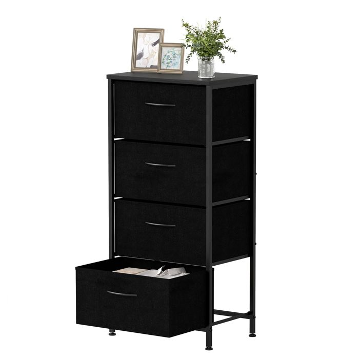 COSTWAY Commode 4 Tiroirs en Tissu Dessus en Bois Poignée et Cadre en Métal pour Salon Bureau Placard Noir COSTWAY Commode 4 Tiroirs en Tissu Dessus en Bois Poignée et Cadre en Métal pour Salon Bureau Placard Noir