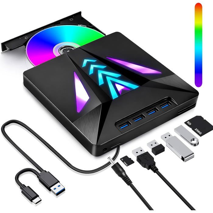 Lecteur CD/DVD Externe pour PC Graveur DVD Externe 4 Ports USB 3.0 pour Windows 11/10/8/7/XP Linux Mac OS Laptop Desktops