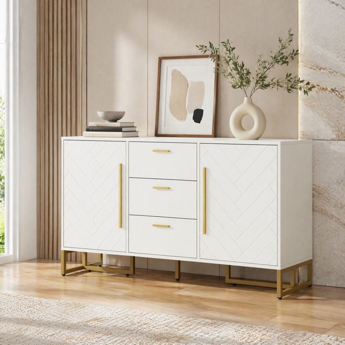 Buffet bas de cuisine meuble avec 2 portes et 3 tiroirs étagères réglables poignées dorées 145×40×75 cm MDF blanc
