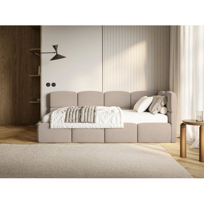 Lit ado – CLOUDY – 120x200 cm – tête de lit à droite – matelas & coffre de rangement – velours beige Lit ado – CLOUDY – 120x200 cm – tête de lit à droite – matelas & coffre de rangement – velours beige