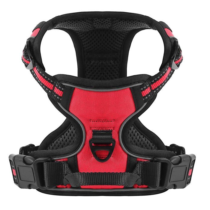 Harnais Anti Traction pour Chien Réfléchissant Respirante Harnais Chien avec Attache Devant et Poignée Contrôle Sécurité (Rouge M)