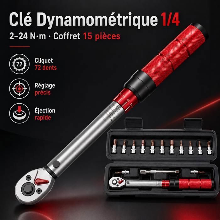 Clé dynamométrique 1/4 2-24Nm Kit de 15 Cle dynamometrique Précision