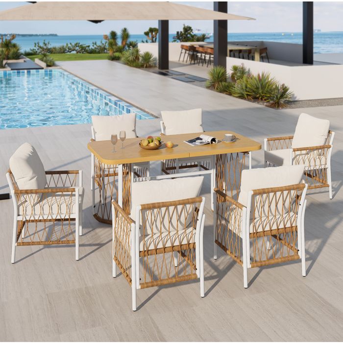 HOMVRA Salon de jardin 6 places avec 1 table et 6 chaises de jardin en fer et polyester beige marron et naturel