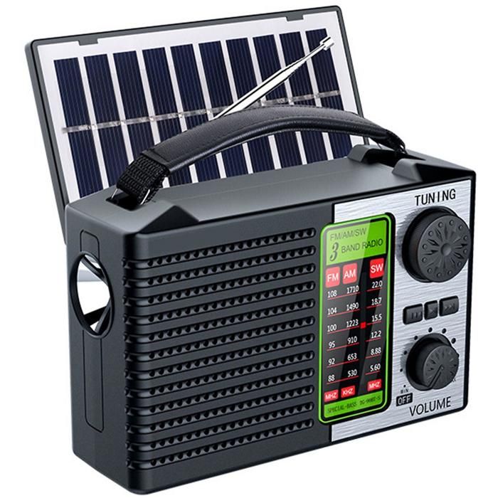 Radio Bluetooth FM/AM/SW énergie solaire USB/TF éclairage LED rechargeable portable noir