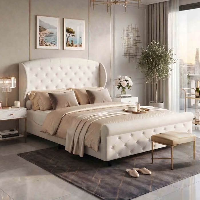 Lit Double - 140x200cm - Style Baroque Moderne avec Sommier à Lattes - Structure Rembourrée en Velours - Pieds Robustes - Beige