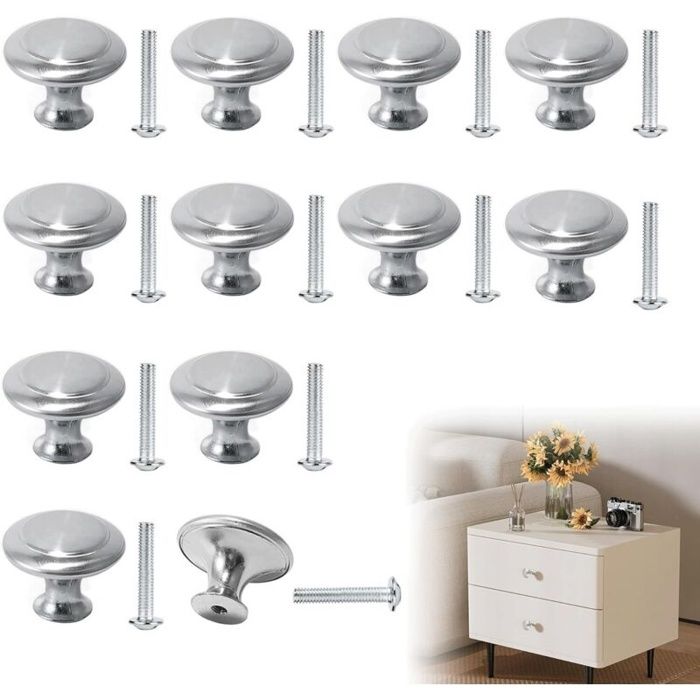 Lot de 12 boutons de tiroir ronds en acier inoxydable pour armoires cuisine meubles