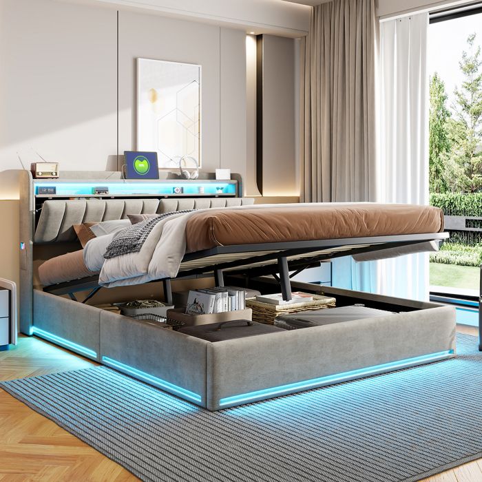 Lit 160x200 cm avec rangement - LED et USB intégrés - Tête capitonnée - Système hydraulique - Base à lattes incluse - Gris