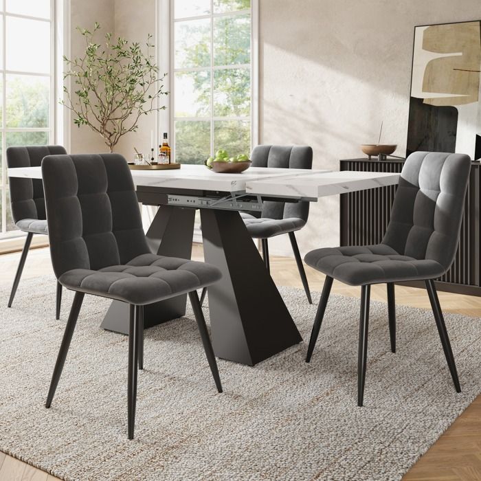 Ensemble table et chaises de salle à manger extensible - 4 personnes - plateau aspect marbre blanc - gris/noir