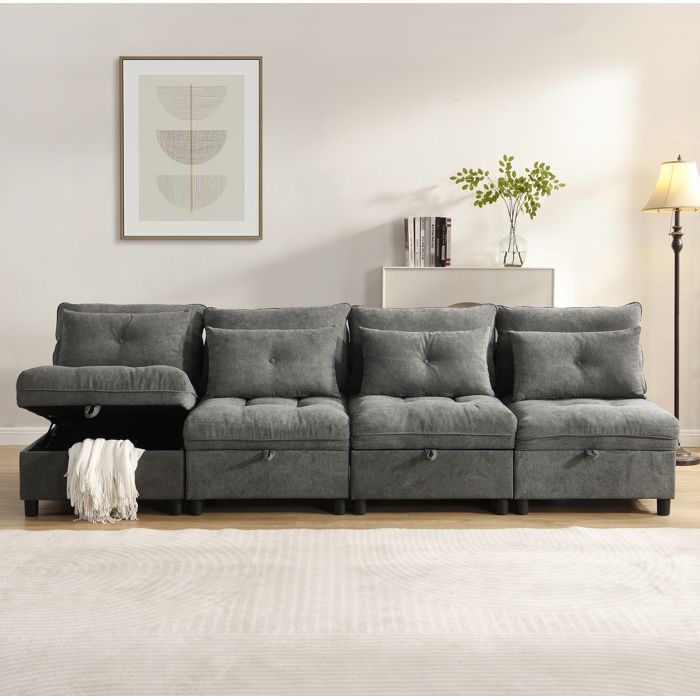 WOVREO Canapé modulable 4 places convertible avec rangement sous assise chenille gris antique