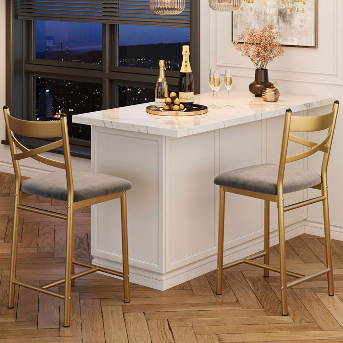 Tabourets de bar dorés assise rembourrée en polyuréthane avec repose-pieds - Lot de 2