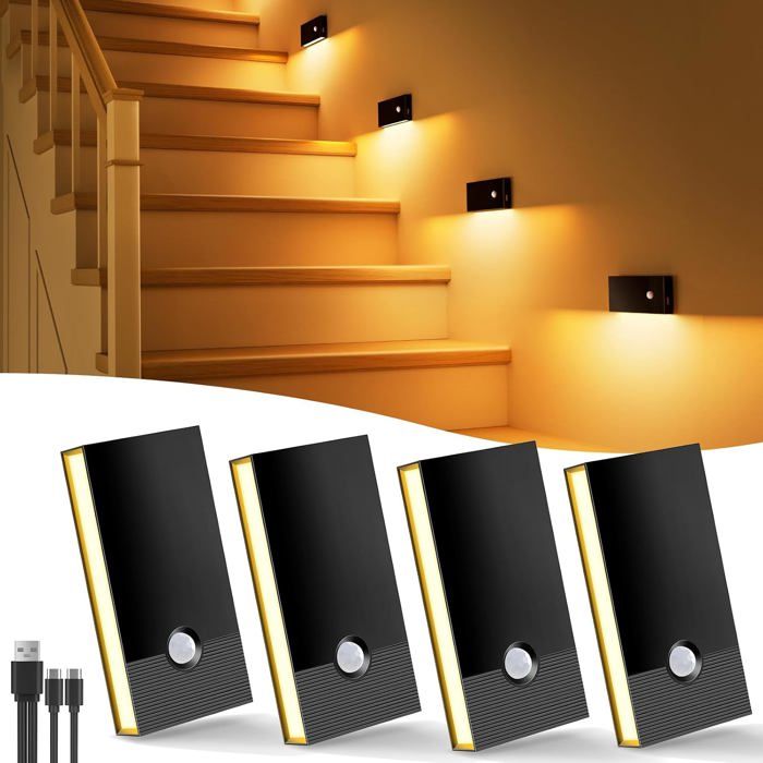 Veilleuse LED détecteur mouvement lot 4 luminaires USB-C rechargeables 3 modes lumière chaude 2700K chambre couloir escalier