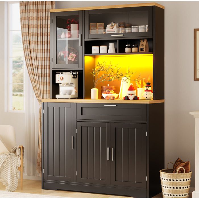 Colonne De Cuisine MDF Noir Buffet Haut Vitrine FloraGrace Pour Cuisine Et Salon LED USB Et Anti-Basculement 104x40x180cm