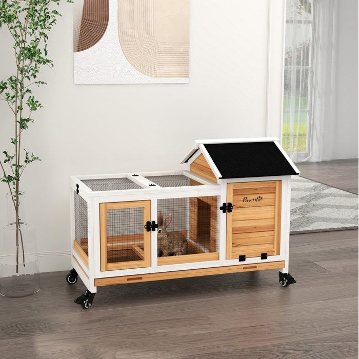 Clapier mobile VUENOR 108 x 58 x 73 5 cm jaune avec roulettes et enclos