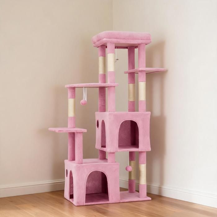 Arbre à chat 157cm – grand perchoir 45x40cm 2 niches 7 griffoirs jouets suspendus – pour chats lourds multi-chats – Rose