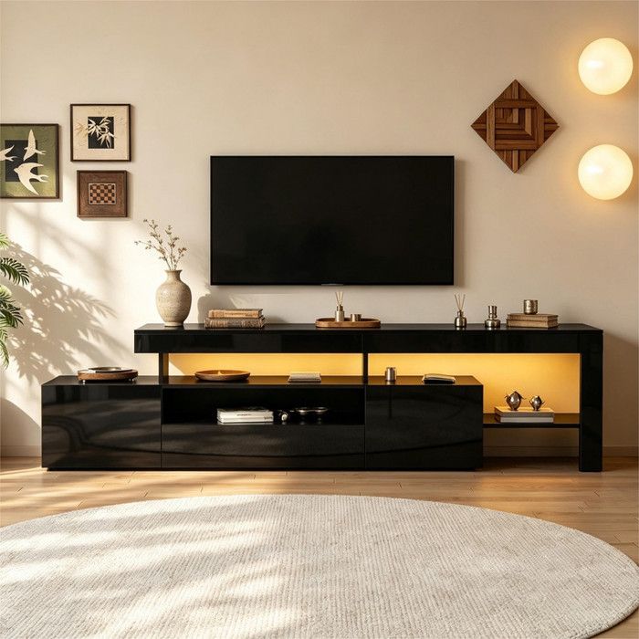 Meuble TV 192x37x53 cm 3 compartiments LED support TV meuble bas laqué brillant pour téléviseurs jusquà 85 pouces environ noir