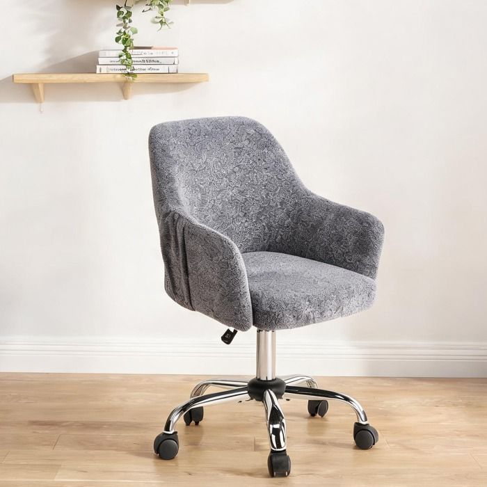 Fauteuil de bureau en velours gris assise réglable et pivotante pour salon ou chambre