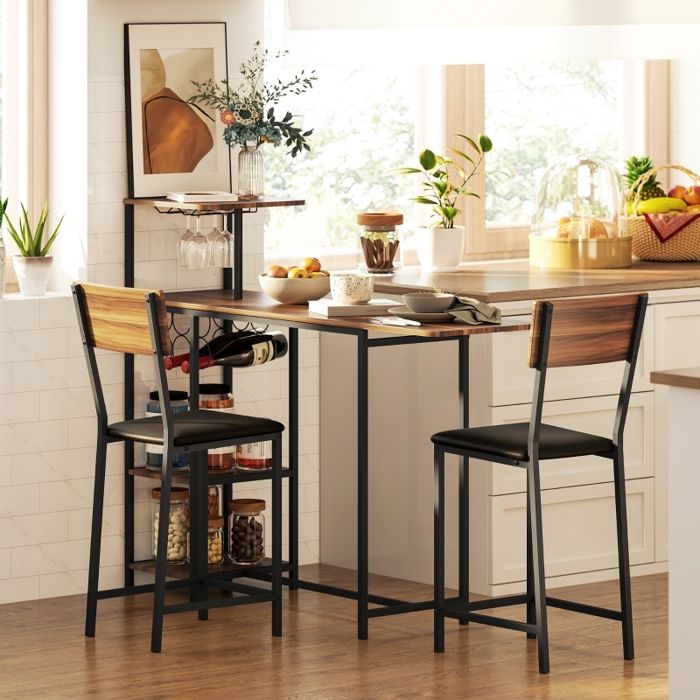 Ensemble table et chaises de bar 3 pcs - ZEVKOR - MDF Marron - Extensible - Rangement bouteilles & verres - Style industriel