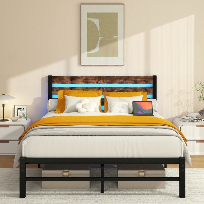 Cadre de lit LED en métal - BLACKCOLOR - 120x200 cm - MDF - Brun antique - Rangement sous le lit 27 cm - Sans sommier requis