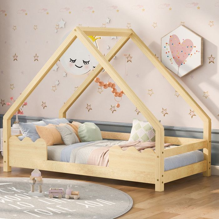 Piaenon - Lit cabane 90x200 cm Lit enfant Lit simple avec barrière anti-chute et coins arrondis - Bois massif - Naturel