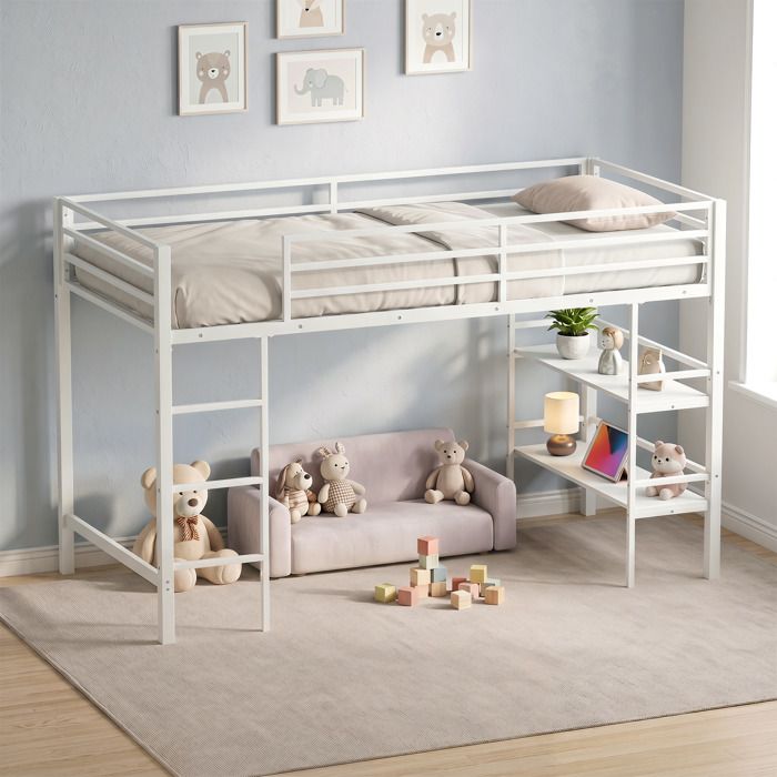 Lit Mezzanine avec 2 Étagères-COSTWAY-Structure Métallique Grand Espace Charge 220kg pour Enfant Adolescent Adulte 100x206cm Blanc