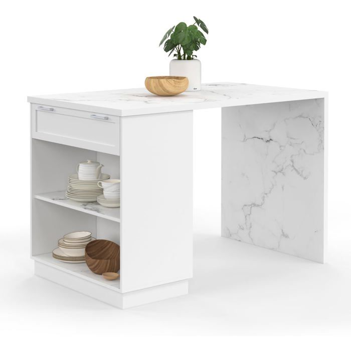 IDMarket Îlot Central VITO 130x80x90 5 cm Blanc Plateau marbre Alaska 1 tiroir et 2 étagères pour cuisine IDMarket Îlot Central VITO 130x80x90 5 cm Blanc Plateau marbre Alaska 1 tiroir et 2 étagères pour cuisine