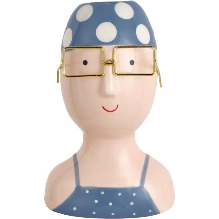 Vase En Céramique Design Avec Visage Et Moustache - Peint à La Main, Moderne - Dimensions 12x11x22 Cm - Pour Intérieur Et Extérieur