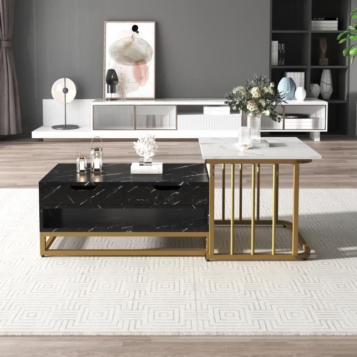 Lot De 2 Tables Basses Gigognes Imitation Marbre - Design Moderne - Structure Métal Doré Ou Noir