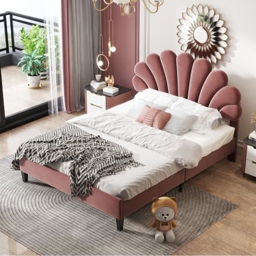 lit rembourré lit double 140 x 200 cm, cadre de lit avec tête de lit fleurie et cadre à lattes, lit junior en tissu velours,rouge