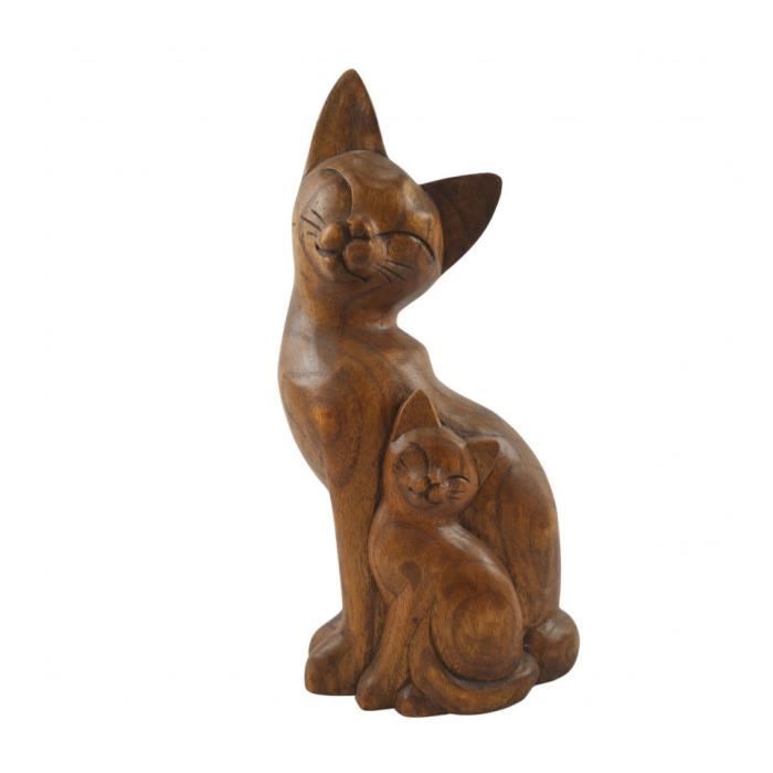 Statue Chat Et Chaton En Bois Teinte Sculpte A La Main 32cm Marron Chocolat Marron Chocolat Cdiscount Maison