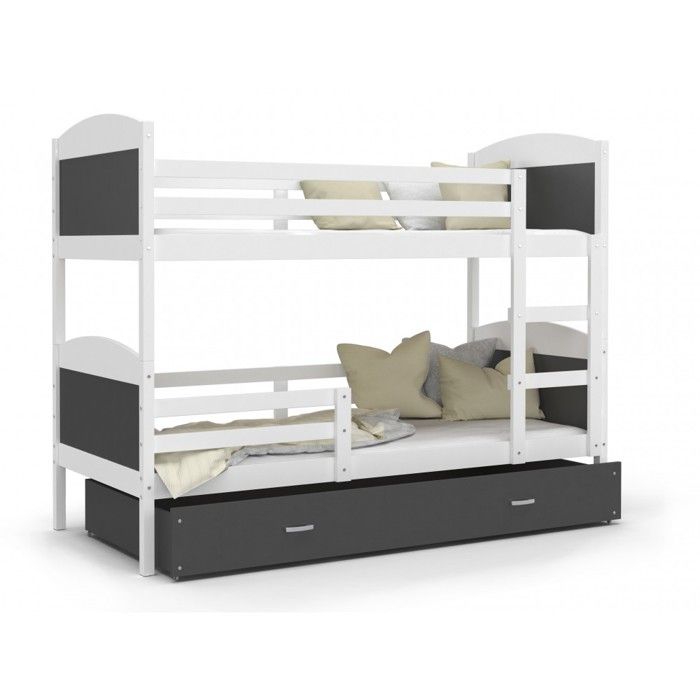 Lit Superposé Mateo 90x190 tiroir + Matelas Blanc - gris