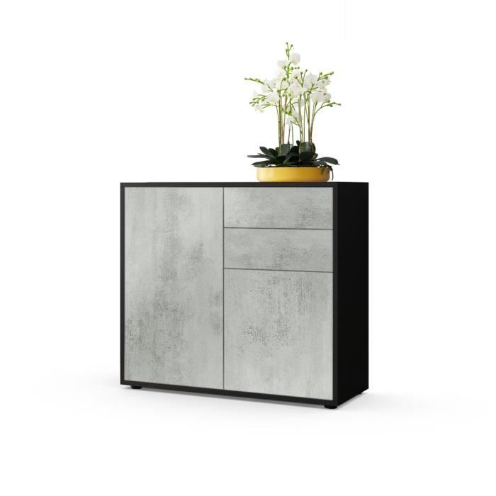 Vladon Commode Buffet Ben Corps en Noir mat - Façades en Aspect Béton Oxyde