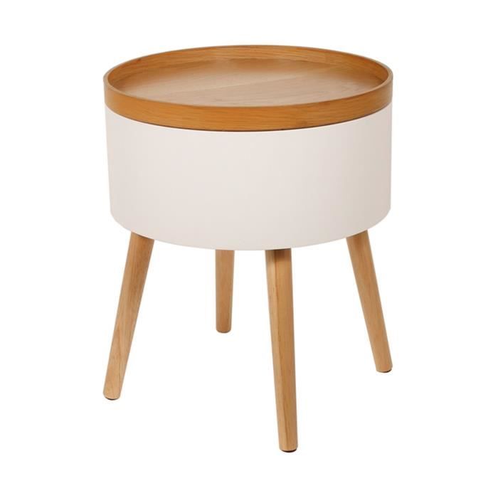 Table D Appoint Ronde Avec Coffre 38x49 Cm En Bois Blanc Et