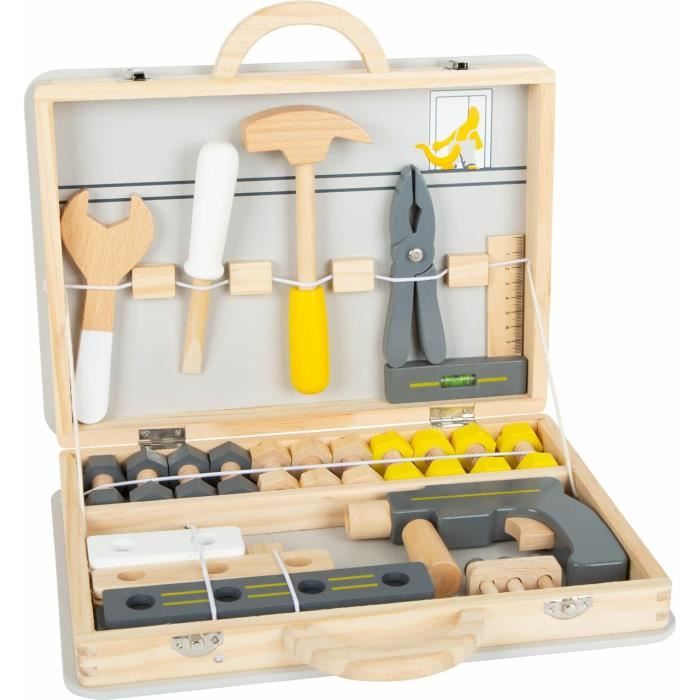 Valise à outils en bois - Miniwob - 44 pièces - Perceuse électrique - Élastiques de fixation - 3 ans et plus