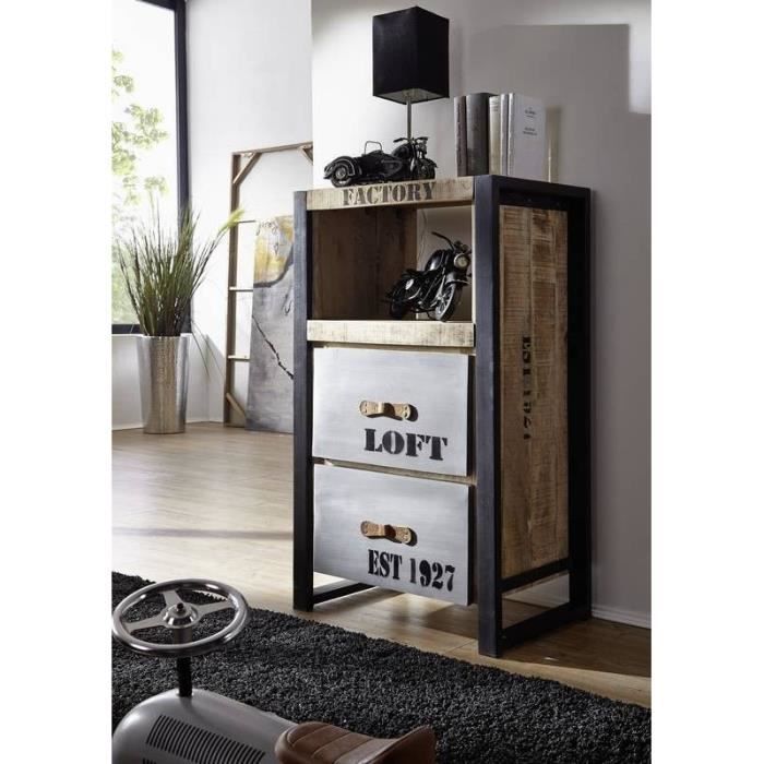 meuble d appoint industriel bois massif de manguier brut fer et bois imprime factory 102 cdiscount maison