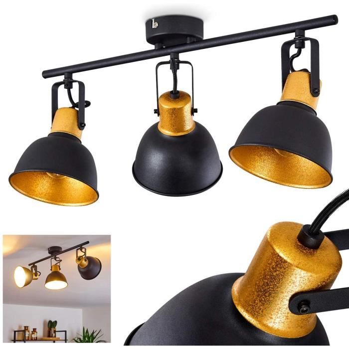 3 spots de plafond rotatifs au look rétro-design compatible ampoules LED 25 Watt idéal dans un salon vintage pour 3 ampoules E14 max Plafonnier Borik en métal noir & or 