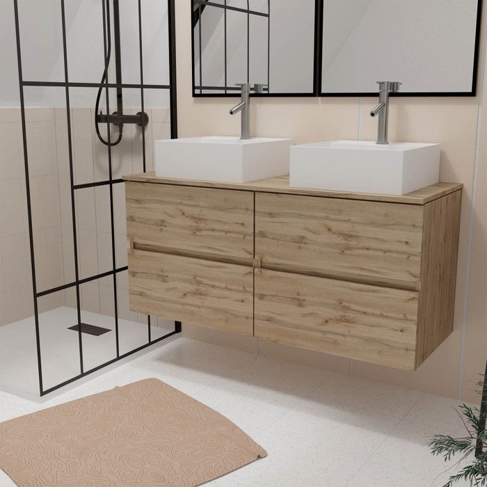 Meuble Salle de Bains 120cm 4 Tiroirs Chêne Naturel - 2 Vasques Carrées 41x41x15cm Blanches