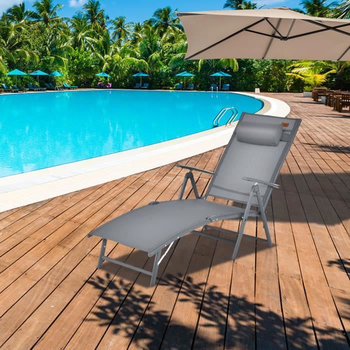 COSTWAY Chaise Longue Pliante avec Dossier Réglable à 7 Positions Accoudoir Repose-Tête pour la Piscine le Jardin Gris COSTWAY Chaise Longue Pliante avec Dossier Réglable à 7 Positions Accoudoir Repose-Tête pour la Piscine le Jardin Gris