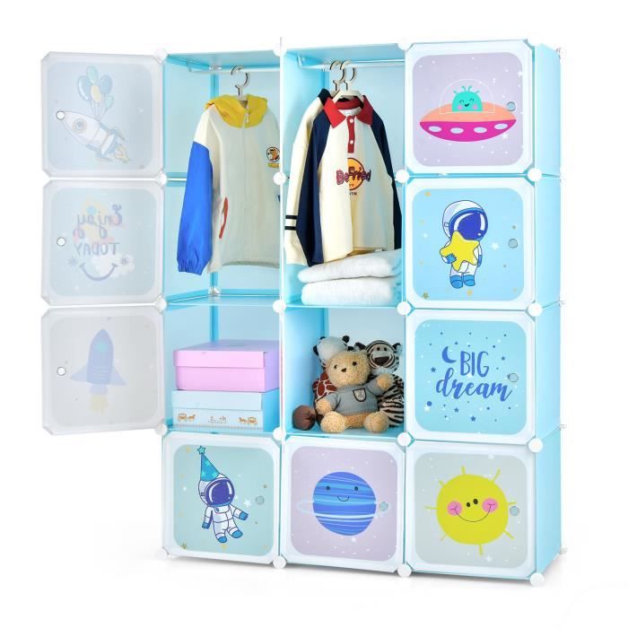 COSTWAY Armoire Meuble de Rangement pour Enfants 12 Cubes avec 2 Section Penderie Joli Assemblage facile 109 x 37 x 145cm Bleu