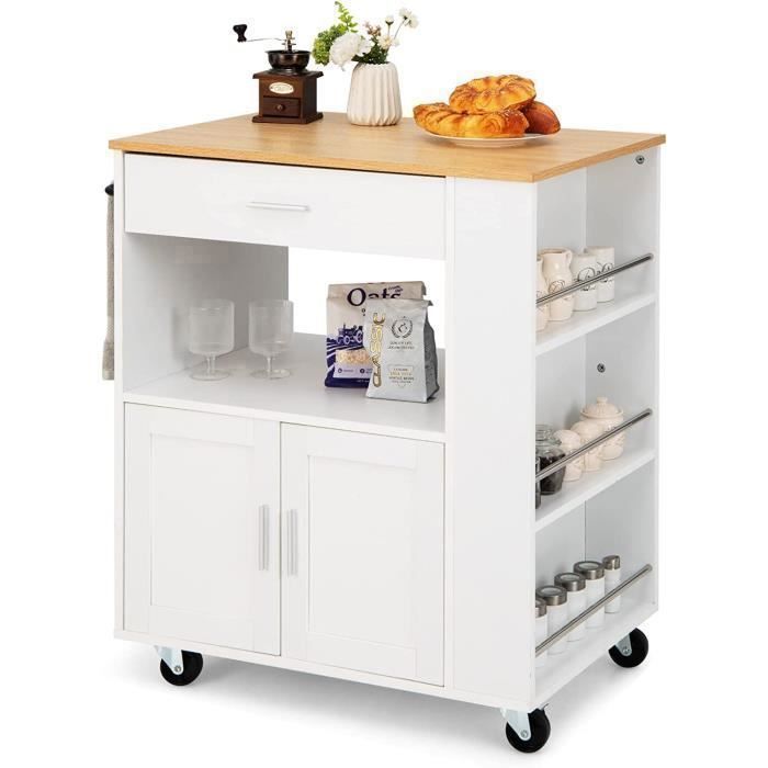 GOPLUS Desserte de Cuisine à Roulettes 75x46x92CM-avec Tiroir Étagère Armoire Support à Épices Porte-Serviettes Blanc