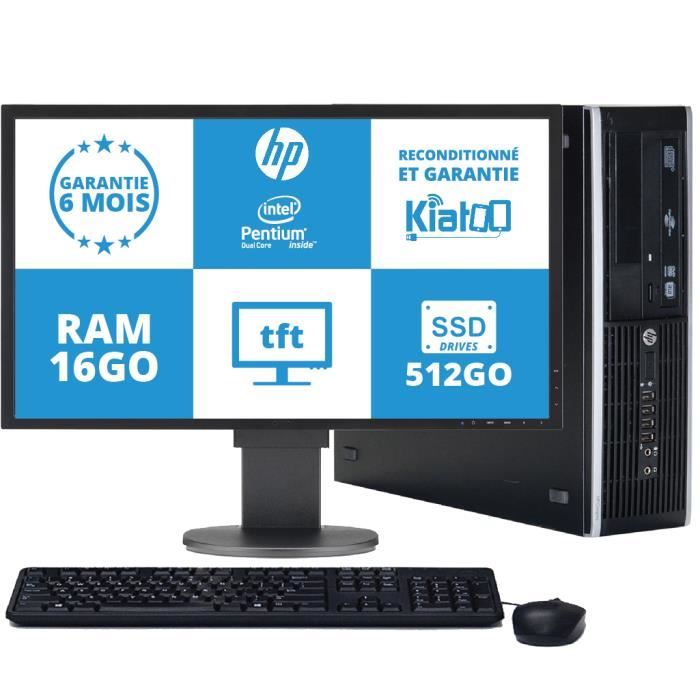 ordinateur de bureau HP elite 8200 pentium intel dual core 16go ram 512 go disque dur ssd ,pc reconditionné avec écran 22 pouces