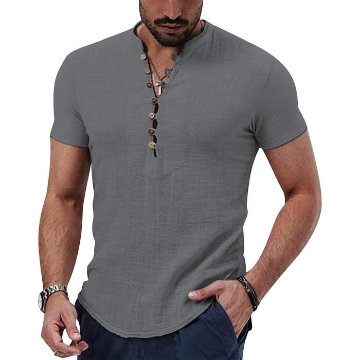 Chemises Casual Homme Chemise Col Mao Homme Cotten Lin Chemise Ete Homme Bouton Chemise Homme Manches Longues Poids LGer Chemise