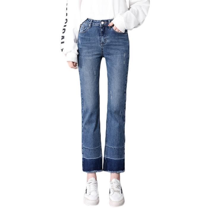 Jean 7 8 Femme Taille Haute Coupe Droite Effect Delave Elasticite Bleu Bicolore Cdiscount Pret A Porter
