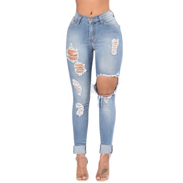 Femme Troue Slim Jeans Dechires Taille Haute Crayon Denim Pantalons Boyfriend Bleu clair XL Bleu clair Cdiscount Pret a Porter