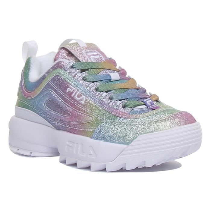 Fila Disruptor 2 GLM Baskets a lacets et a paillettes pour enfants a semelles epaisses et multicolores Blanc Cdiscount Chaussures