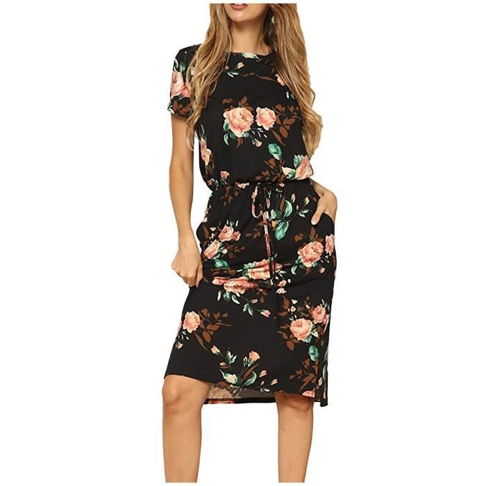 Robe De Plage Élégante Femme - Manches Courtes Col Carré, Imprimée Mi-Mollet, Légère Extensible Séchage Rapide - Tailles S-2XL Noir Marine Rouge Vert Jaune