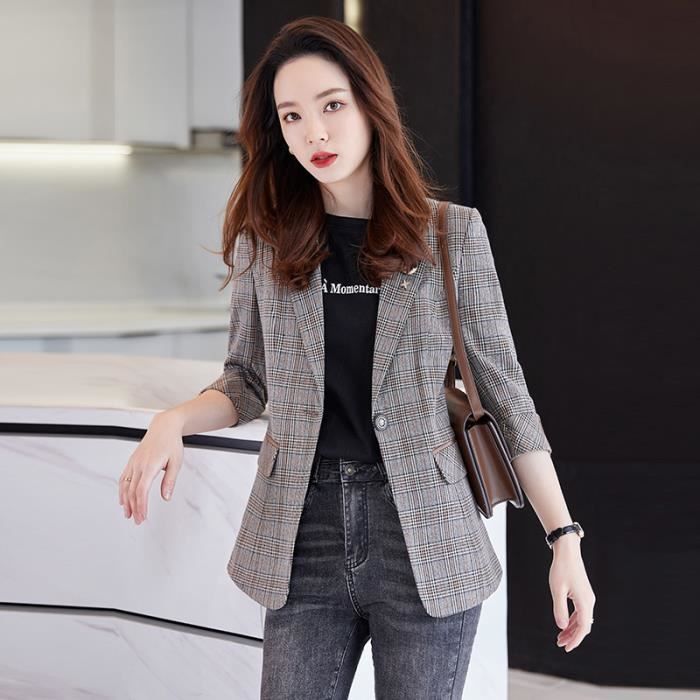 Blazer Veste a Carreaux Femme Slim Marron Casual Marron Cdiscount Pret a Porter