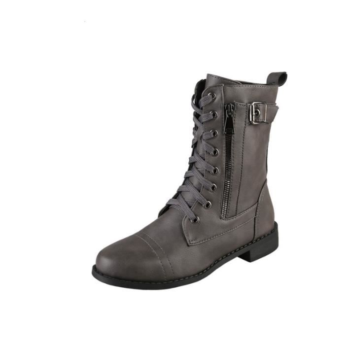 Chaussures De Combat Mi-Mollet à Lacets Pour Femme - Style Motard Punk Militaire - Bottes Cowboy à Talon Épais - Imperméables Et Chaudes